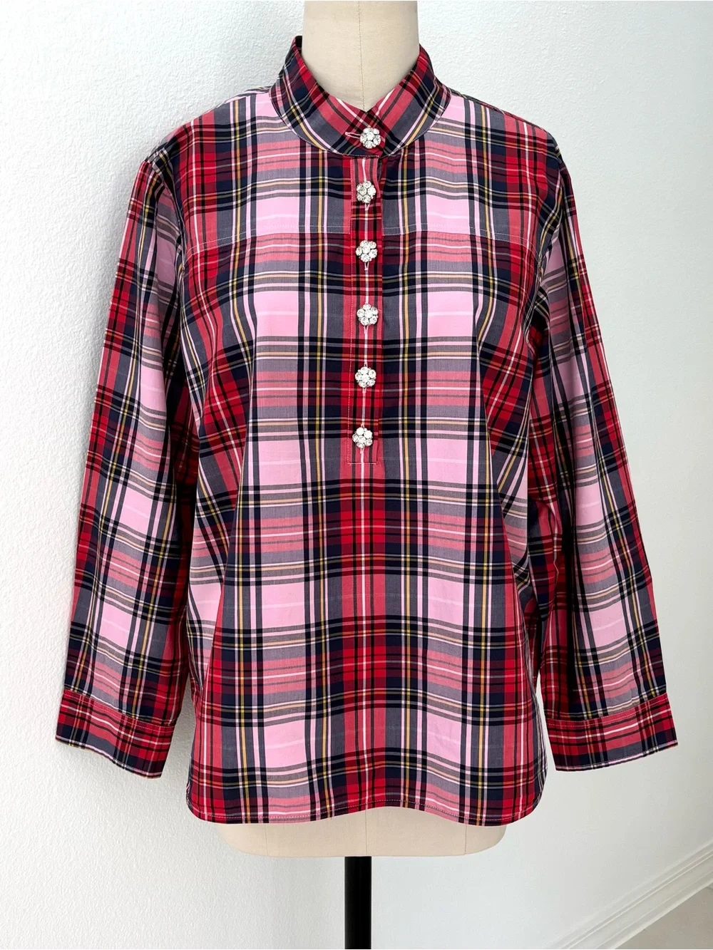 J.Crew Pink Stewart Tartan Band-Collar Popover Blouse NWT Jeweled Buttons 16